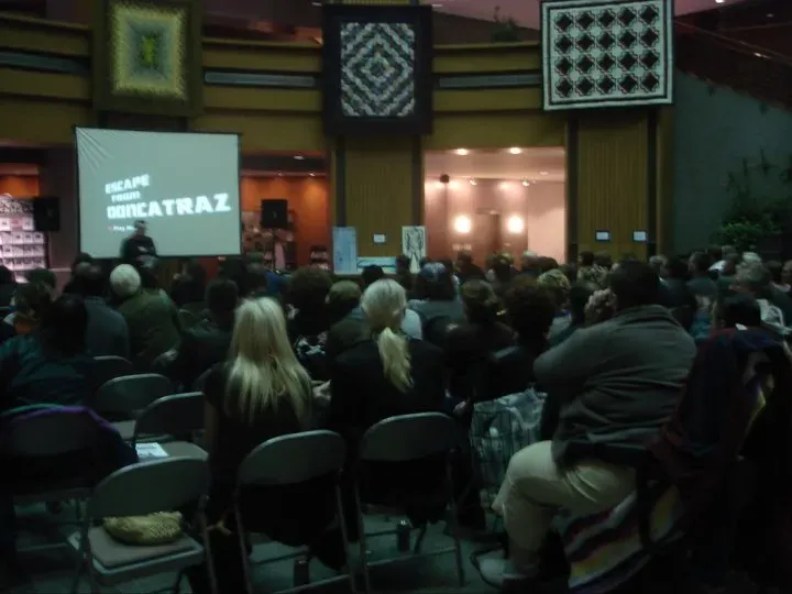 Presenting to the audience at the Escape from Doncatraz screening