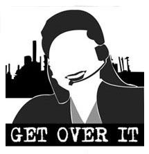 An image of a call centre operator in front of a backdrop of old industry, with the title "Get Over It."