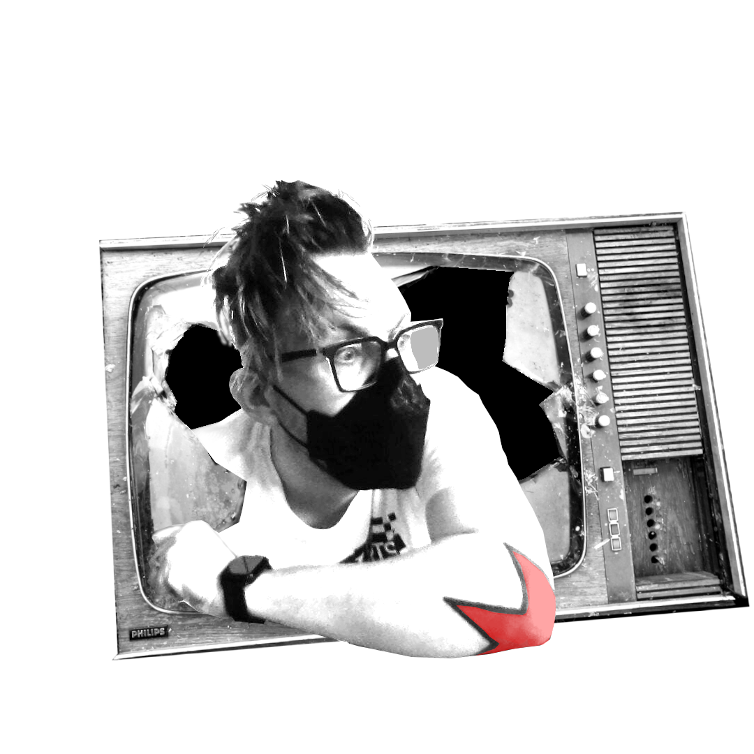 A person with dark hair, glasses, facemask and red star elbow tattoo breaking through an old TV set.