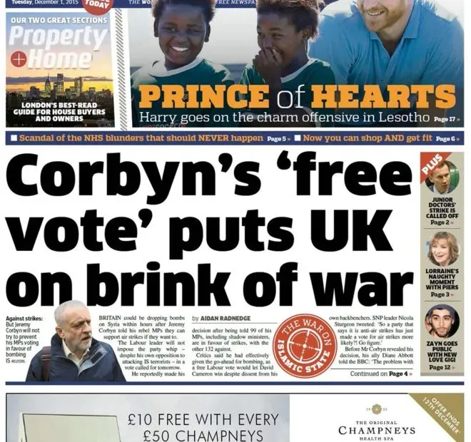 A Metro newspaper front page with a photo of Jeremy Corbyn and the headline "Corbyn's 'free vote' puts UK on brink of war."