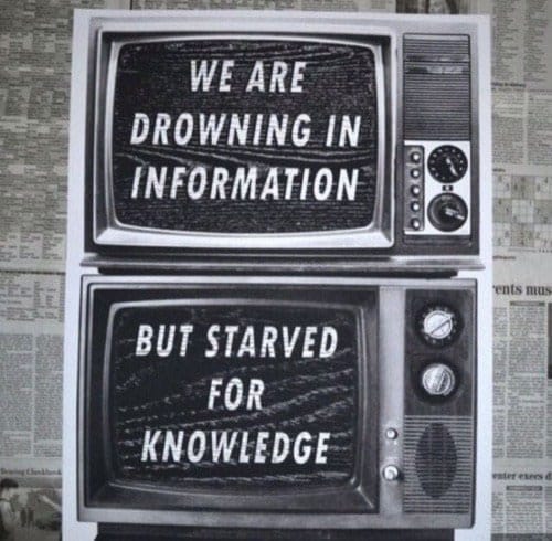 Newsprint as a backdrop for old TV sets displaying the words "We are drowning in information but starved for knowledge."