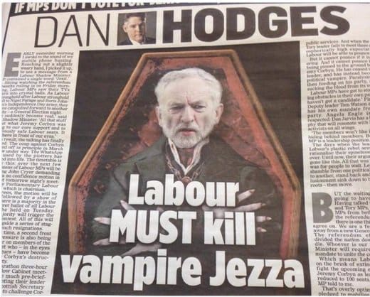 A newspaper article by Dan Hodges with a manipulated image of Jeremy Corbyn inside a coffin under the headline "Labour MUST kill vampire Jezza."