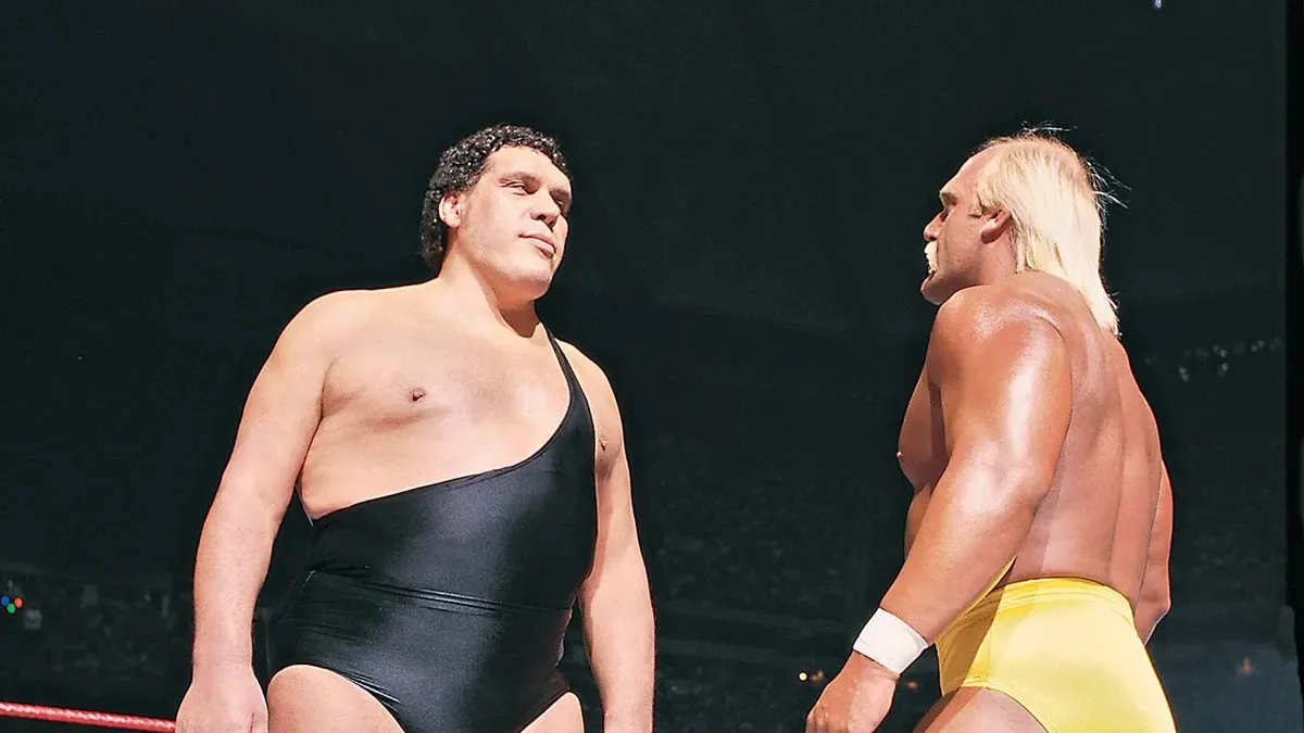 Andre the Giant and Hulk Hogan face-to-face at WrestleMania III.