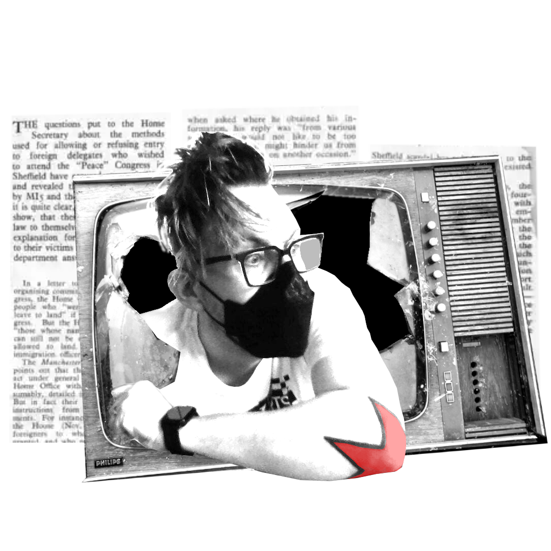 Jay Baker, person with dark hair, glasses, and facemask, breaking out of an old TV set on a backdrop of newsprint.