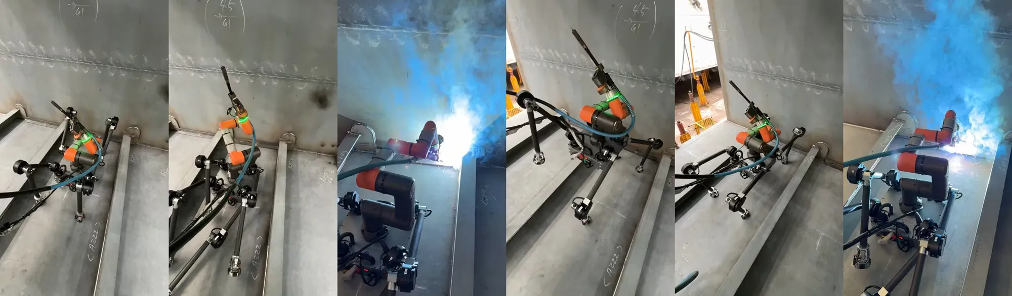 Didden Robotics' quadruped robot 'DIDEN 30' welding while crossing ship reinforcement materials, longi.