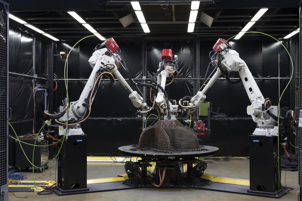 A 3D-printed mold, also known as a can, for a hydropower impeller is printed using ORNL’s MedUSA wire-arc additive manufacturing system.
