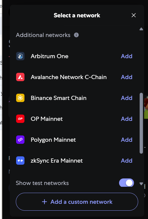 Screenshot of MetaMask's “Select a network” panel, listing multiple Layer 1 and Layer 2 blockchains like Arbitrum One, Avalanche C-Chain, Binance Smart Chain, OP Mainnet, Polygon, and zkSync Era Mainnet. A toggle to “Show test networks” is visible, along with a button to “Add a custom network.”