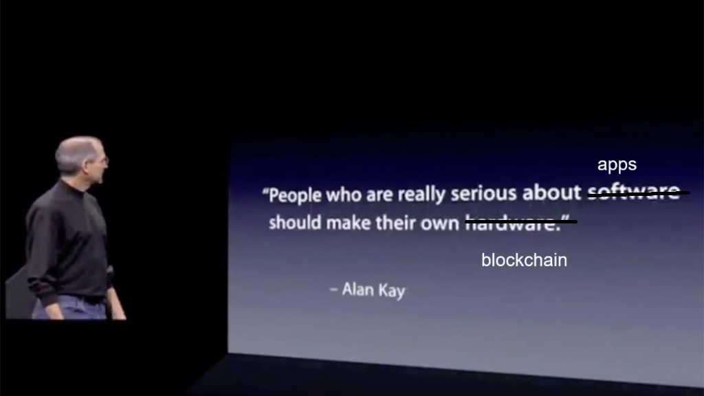  A photo of Steve Jobs presenting a slide. The slide features a famous quote by Alan Kay, originally: “People who are really serious about software should make their own hardware.” The quote is edited to read: “People who are really serious about apps should make their own blockchain,” replacing "software" and "hardware" with "apps" and "blockchain.