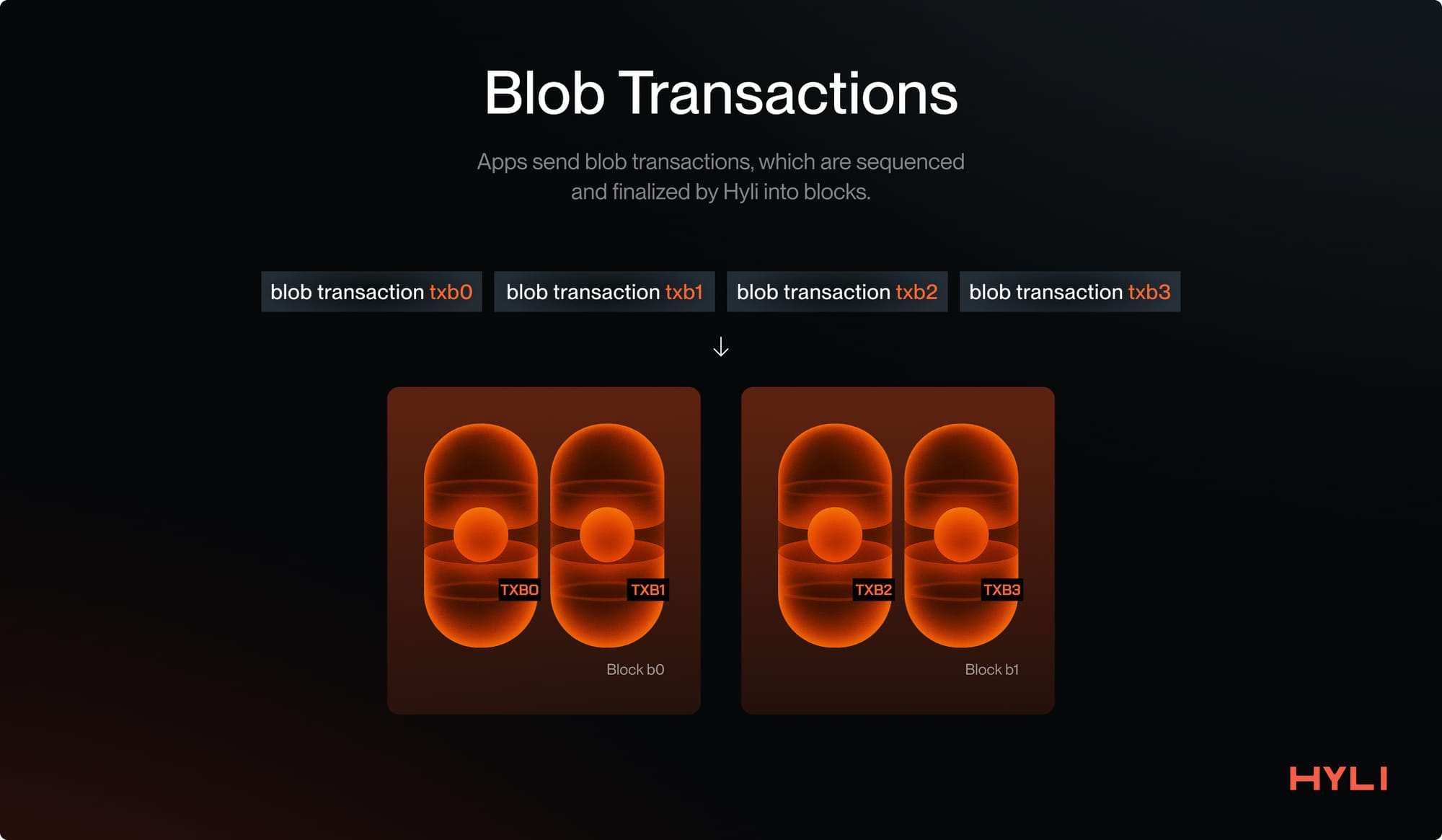Apps send blob transactions, which are sequenced and finalized by Hyli into blocks.