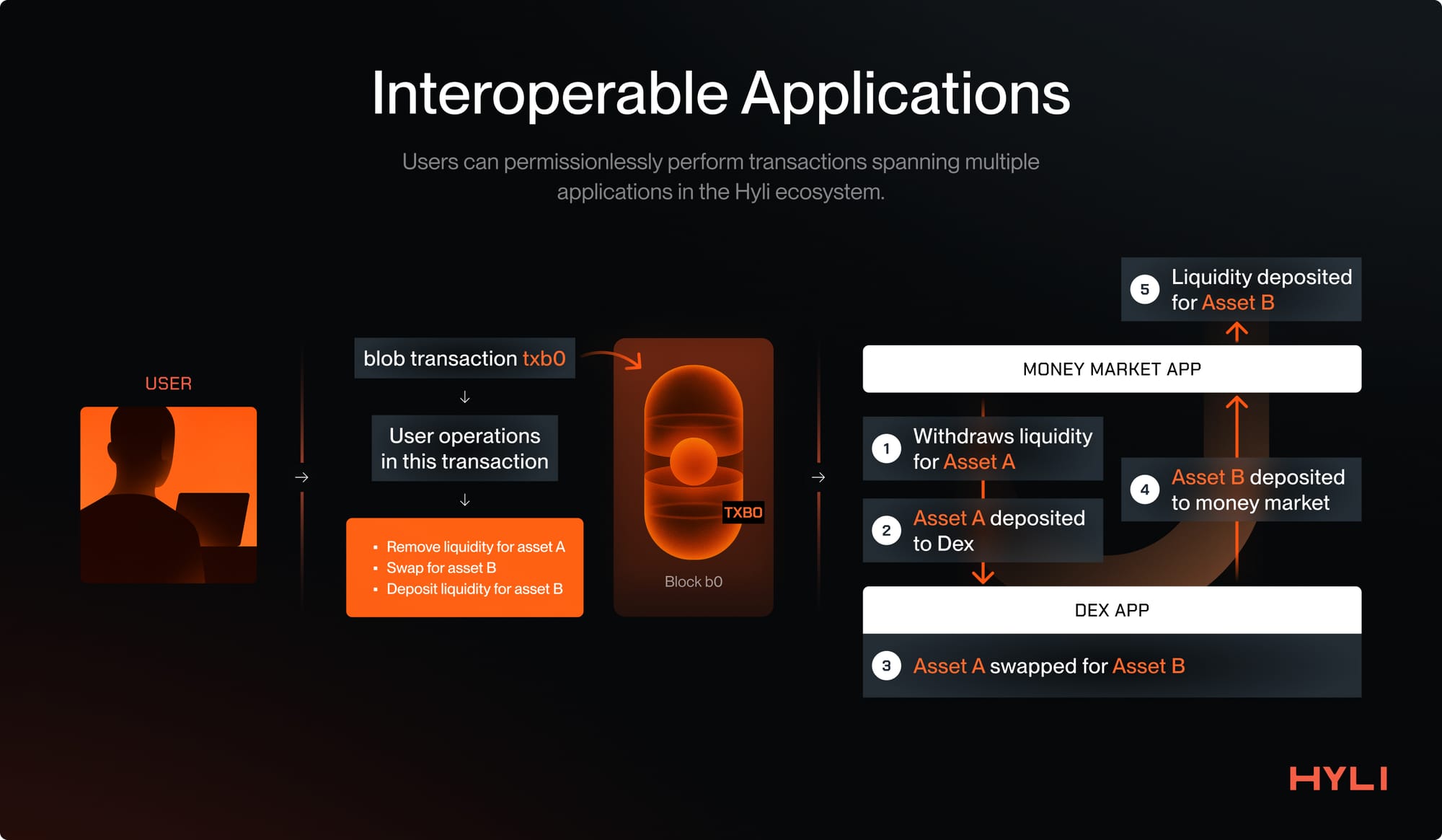 Users can permissionlessly perform transactions spanning multiple applications in the Hyli ecosystem.