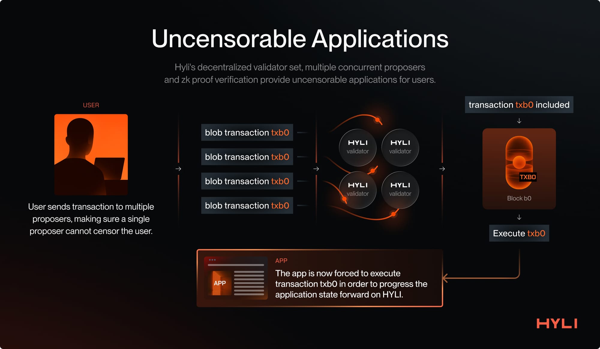 Hyli's decentralized validator set, multiple concurrent proposers and zk proof verification provide uncensorable applications for users.