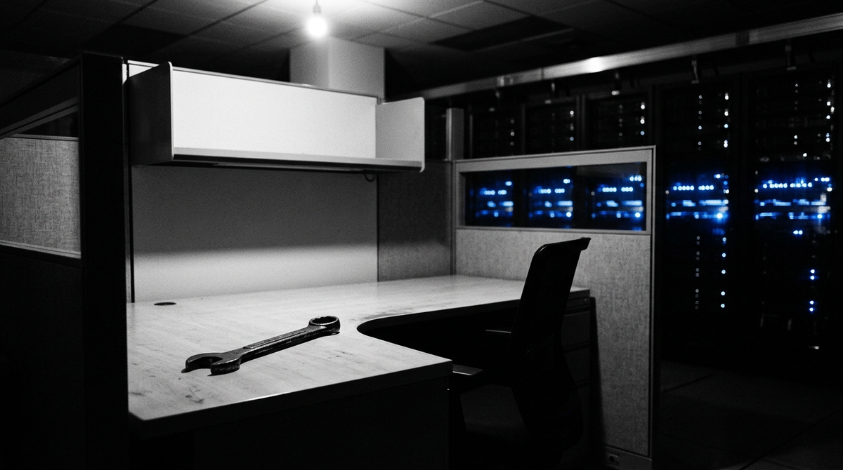 Empty corporate workstation with a notebook, set against a backdrop of glowing server racks.