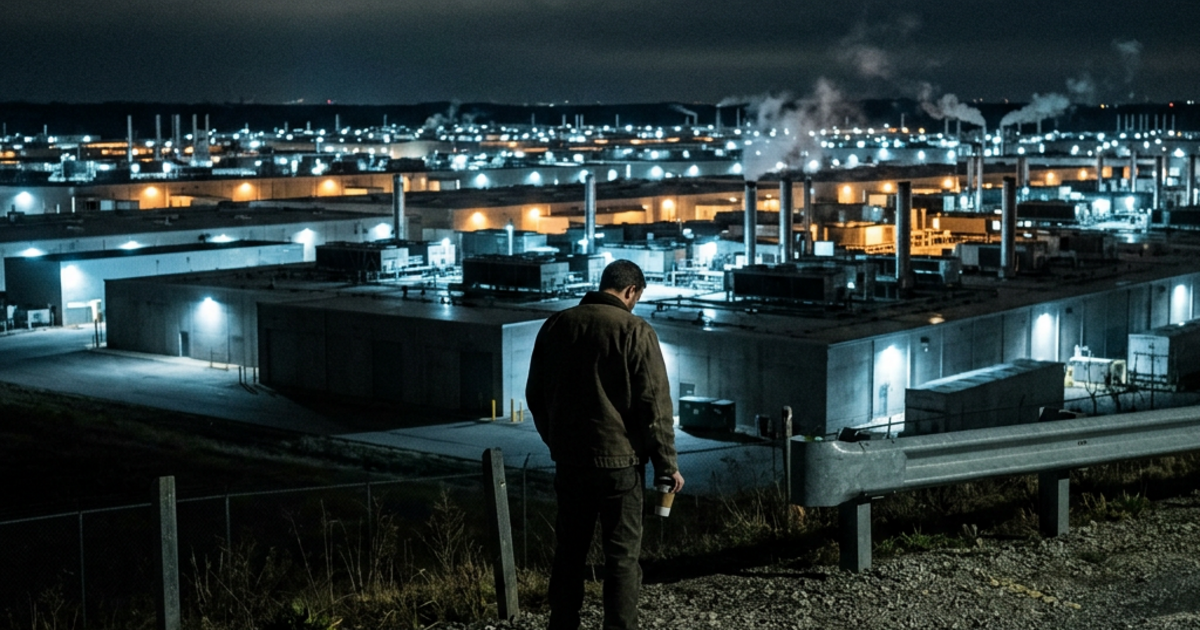 Tired man in work jacket stands in shadow before an endless glowing data center campus at night.