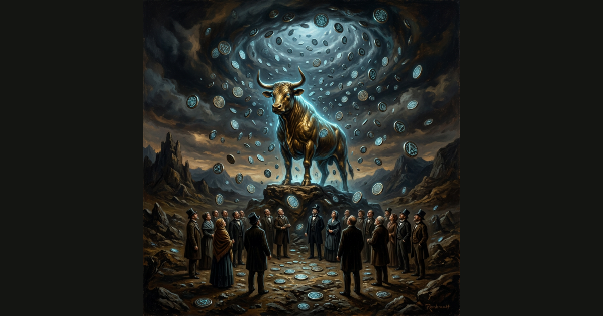  dark, painterly scene depicting a large, glowing golden bull standing atop a rocky mound. A diverse group of people in 19th-century formal attire stand below, looking up in reverence.