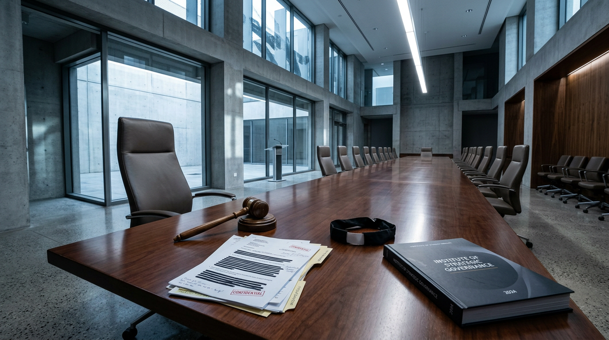 A boardroom table with a gavel, confidential papers, and a religious collar.