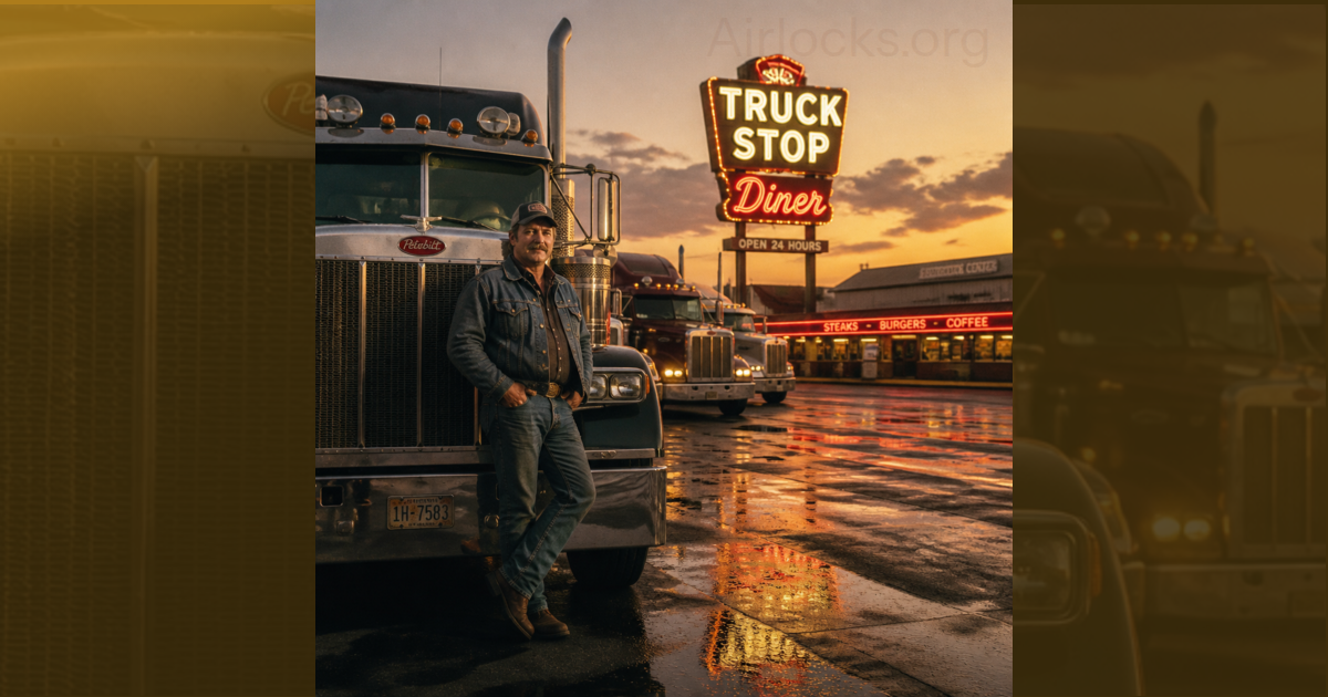 A middle-aged American trucker with a mustache, wearing a denim jacket and cap, leans against the front of his parked semi-truck at a truck stop during sunset.