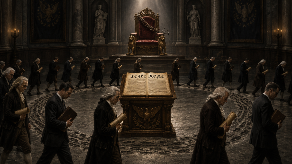 Men in colonial and modern dress walk in a circle around an illuminated “We the People” book in a shadowed hall, beneath a throned crown of thorns and American eagle tapestries.