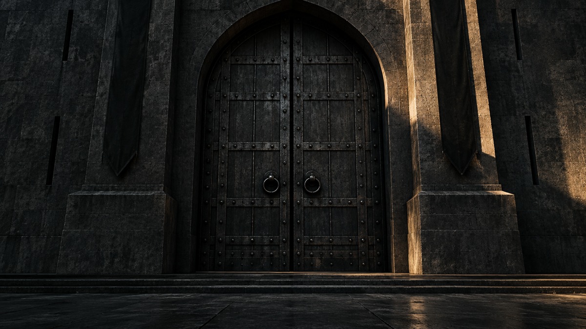 stark, heavy ancient iron gate set into a monolithic, unyielding stone fortress wall under dramatic low-key chiaroscuro lighting, deep charcoal blacks, muted slate gray, a single slash of war