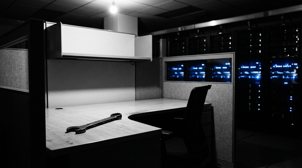 Empty corporate workstation with a notebook, set against a backdrop of glowing server racks.