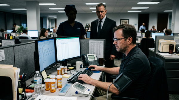 A man in an office cubicle working at a computer while wearing a blood pressure cuff, monitored by a nurse and a corporate manager.