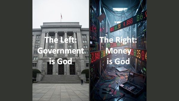 Split meme comparing political ideologies. Left: government building with text “The Left: Government is God.” Right: server room and financial tickers with text “The Right: Money is God.”