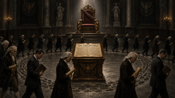 Men in colonial and modern dress walk in a circle around an illuminated “We the People” book in a shadowed hall, beneath a throned crown of thorns and American eagle tapestries.