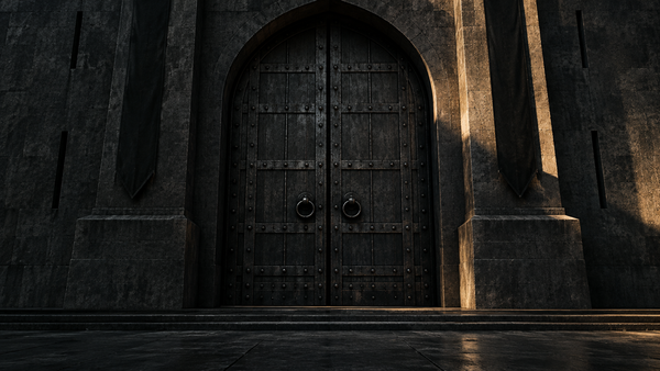 stark, heavy ancient iron gate set into a monolithic, unyielding stone fortress wall under dramatic low-key chiaroscuro lighting, deep charcoal blacks, muted slate gray, a single slash of war