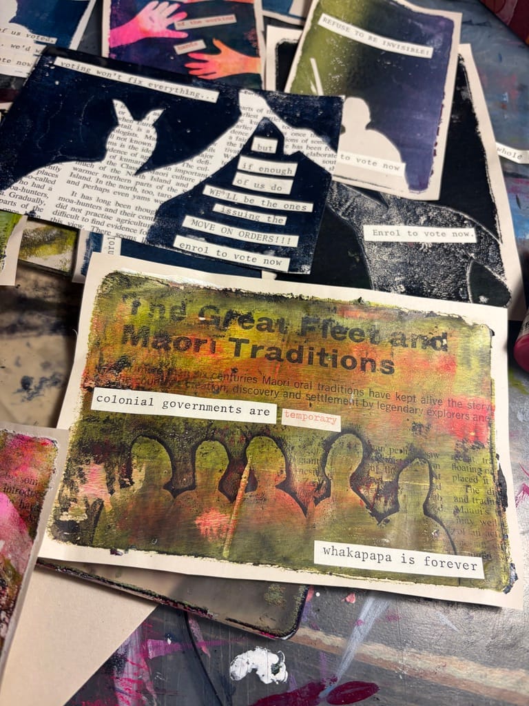Green and red gellprint of a whānau or community huddling together, under the quote 'colonial governments are temporary, whakapapa is forever.'