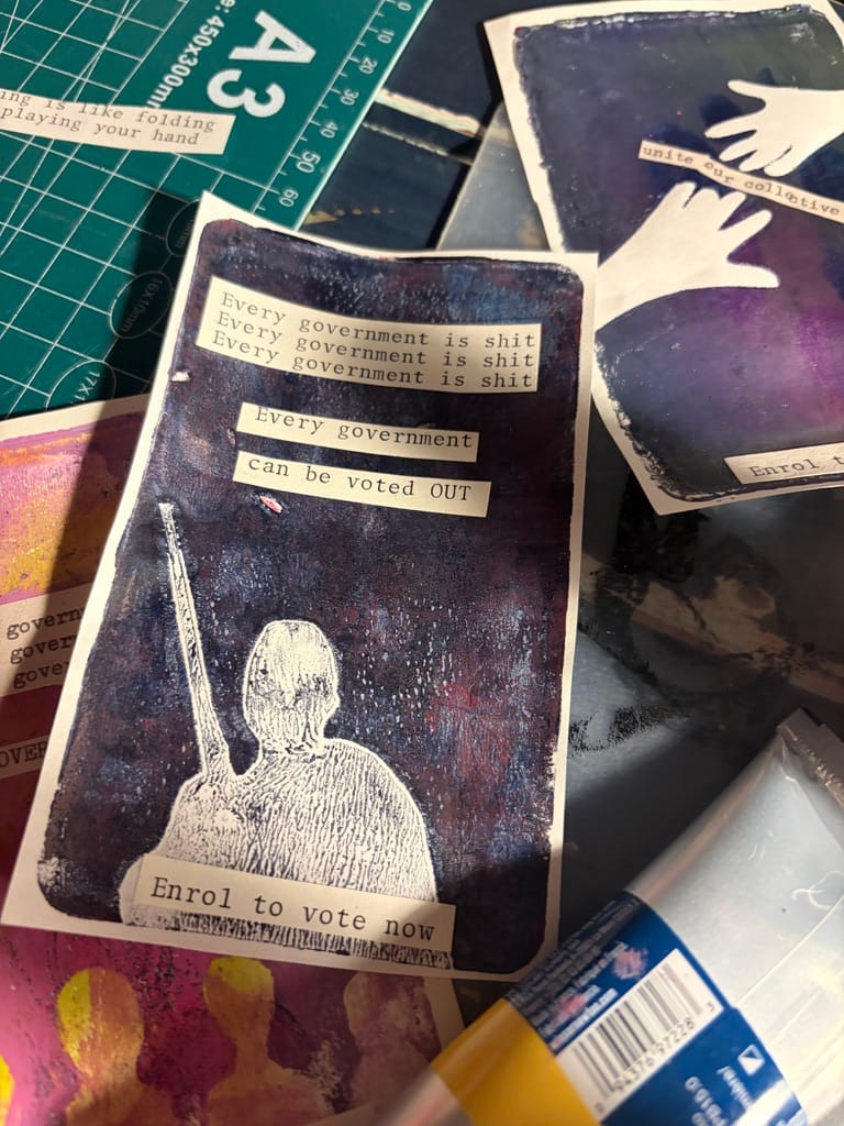Gelli print of a rangatira on a blue background and the quote "every government is shit.... every government can be voted out."