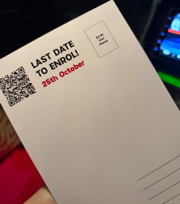 Back of the postcard with QR code and the last date to enrol, 25th October