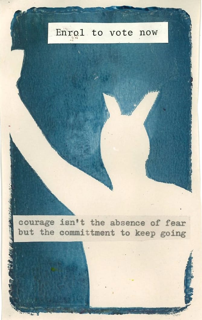Rangatira in blue with fist held high and the quote 'courage isn't the absence of fear, but the commitment to keep going'.