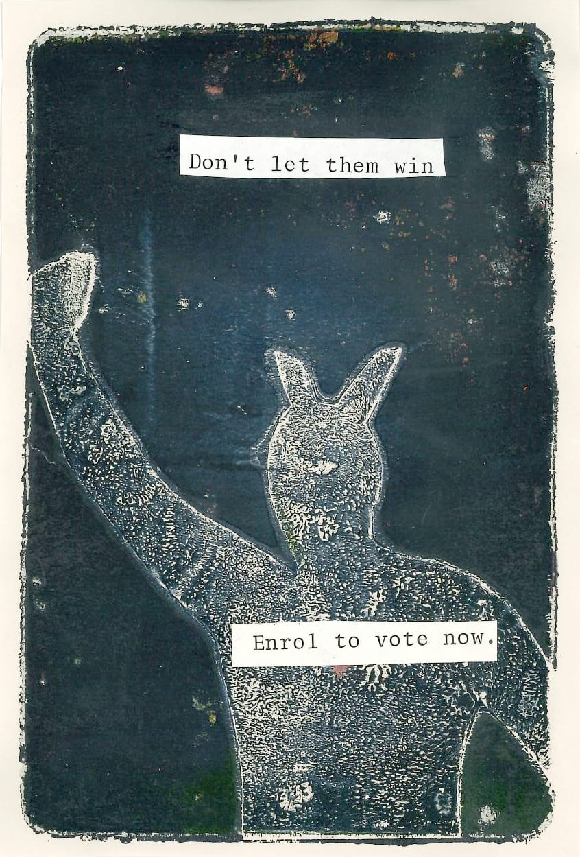 Rangatira in the darkness with fist held high and the quote 'Don't let them win. Enrol to vote now.'