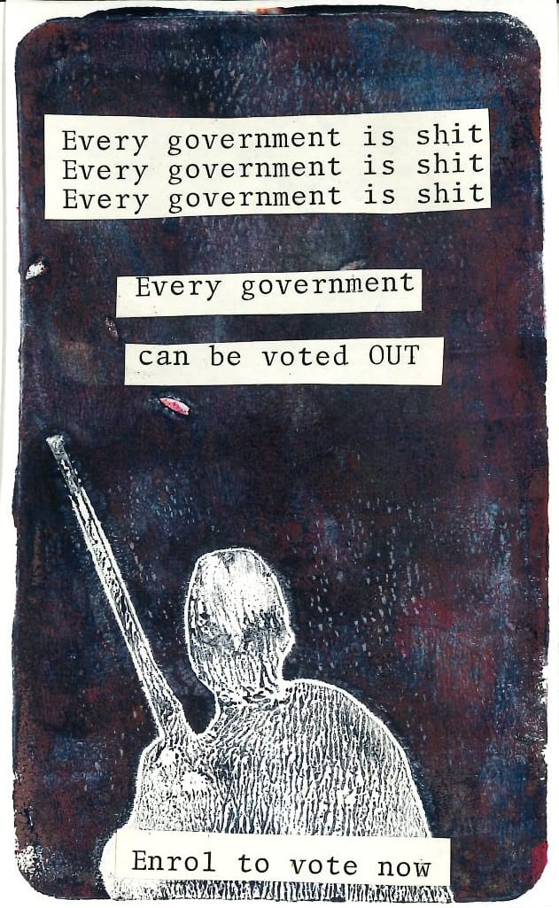 Blue and purple background, with Rangatira emerging into the light and the quote, 'Every government is shit, every government can be voted out.'