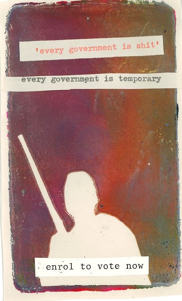 Rangatira emerging from orange mist and the quote 'every government is shit, every government is temporary'
