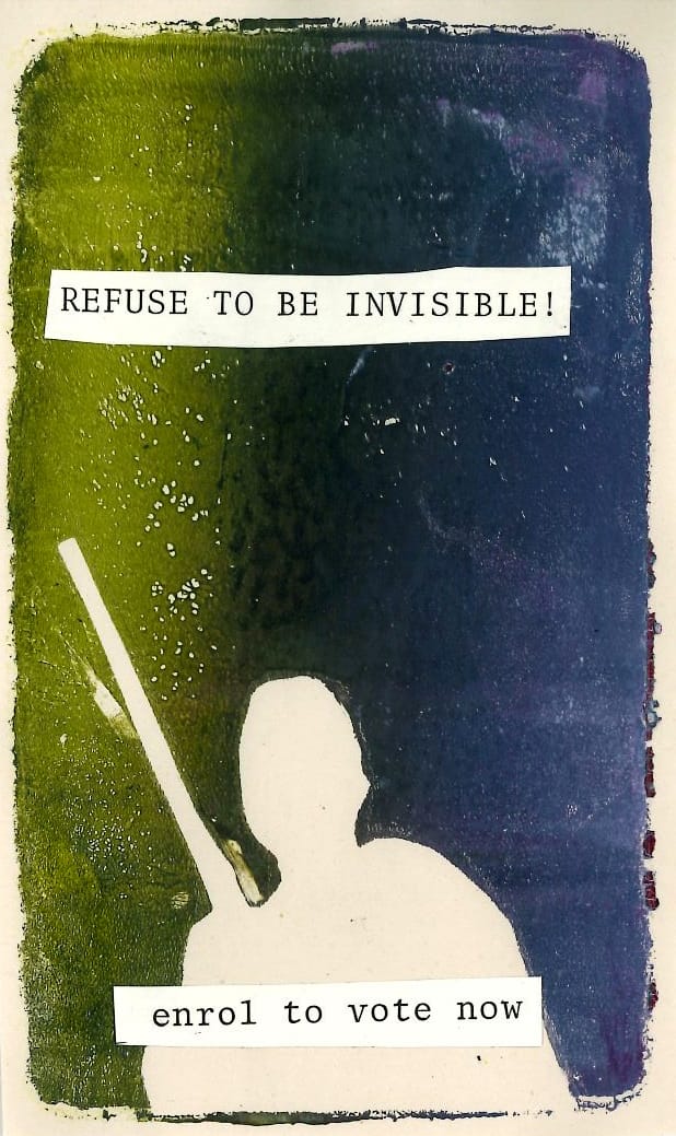Rangatira against a starry green and blue background and the quote "refuse to be invisible!" Enrol to vote.