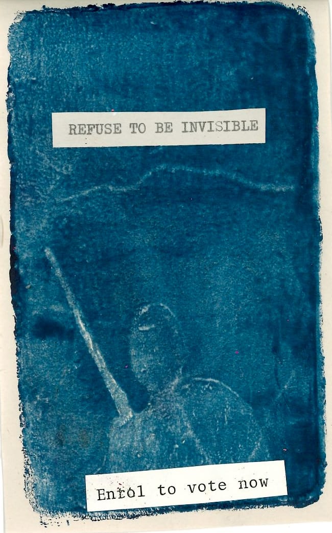 Blue gelliprint with very faint outline of a Rangatira emerging from the shadows and the quote 'refuse to be invisible!'