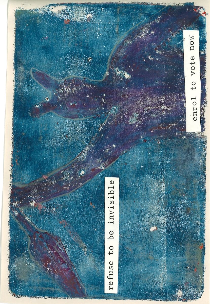 Rangatira in purple against a blue landscape and the quote 'refuse to be invisible!'