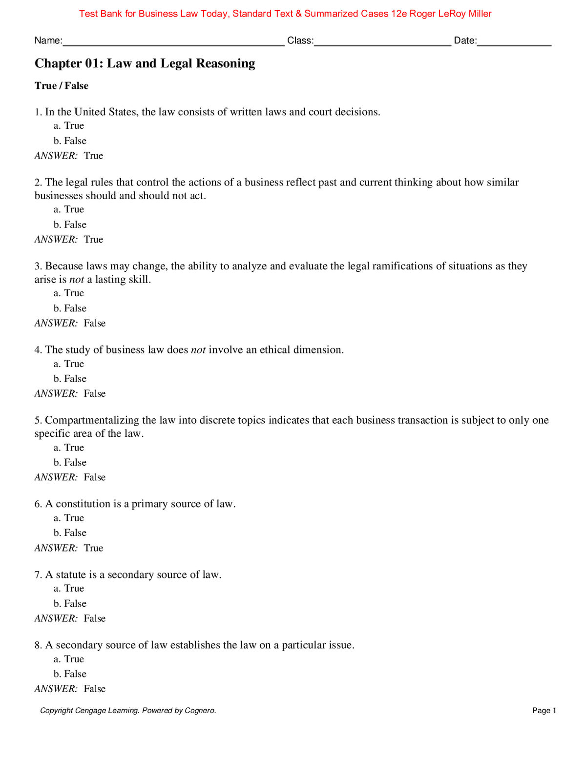 Test Bank for Business Law Today, Standard Text & Summarized Cases 12th Edition By Roger LeRoy Miller (All Chapters 100% Original Verified, A+ Grade)