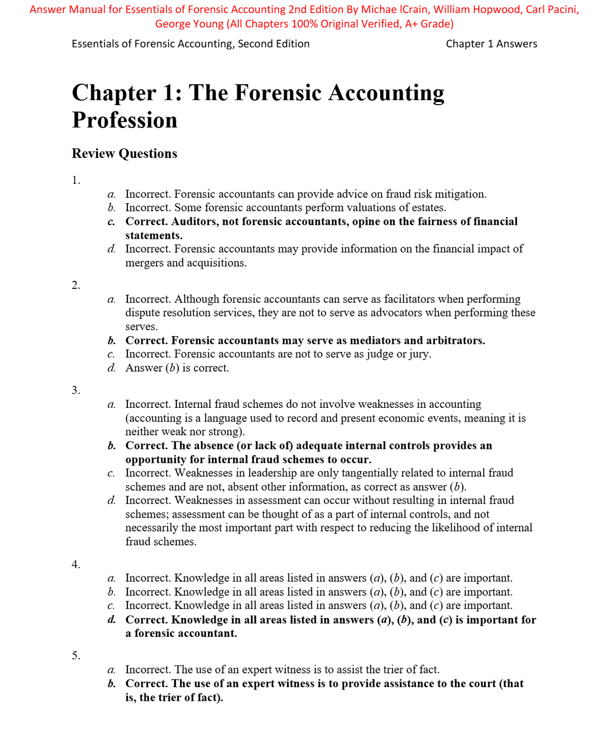 Solutions Manual for Essentials of Forensic Accounting 2nd Edition By Michae lCrain, William Hopwood, Carl Pacini, George Young (All Chapters 100% Original Verified, A+ Grade)