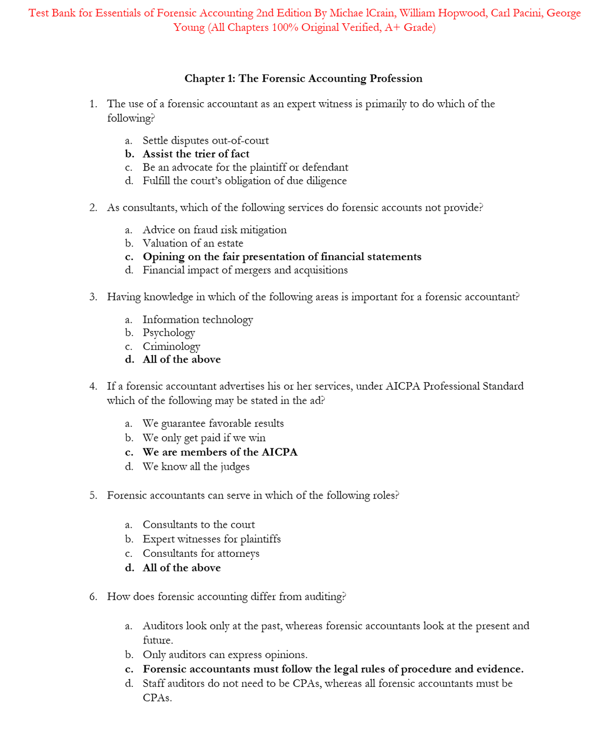 Test Bank for Essentials of Forensic Accounting 2nd Edition By Michae lCrain, William Hopwood, Carl Pacini, George Young (All Chapters 100% Original Verified, A+ Grade)