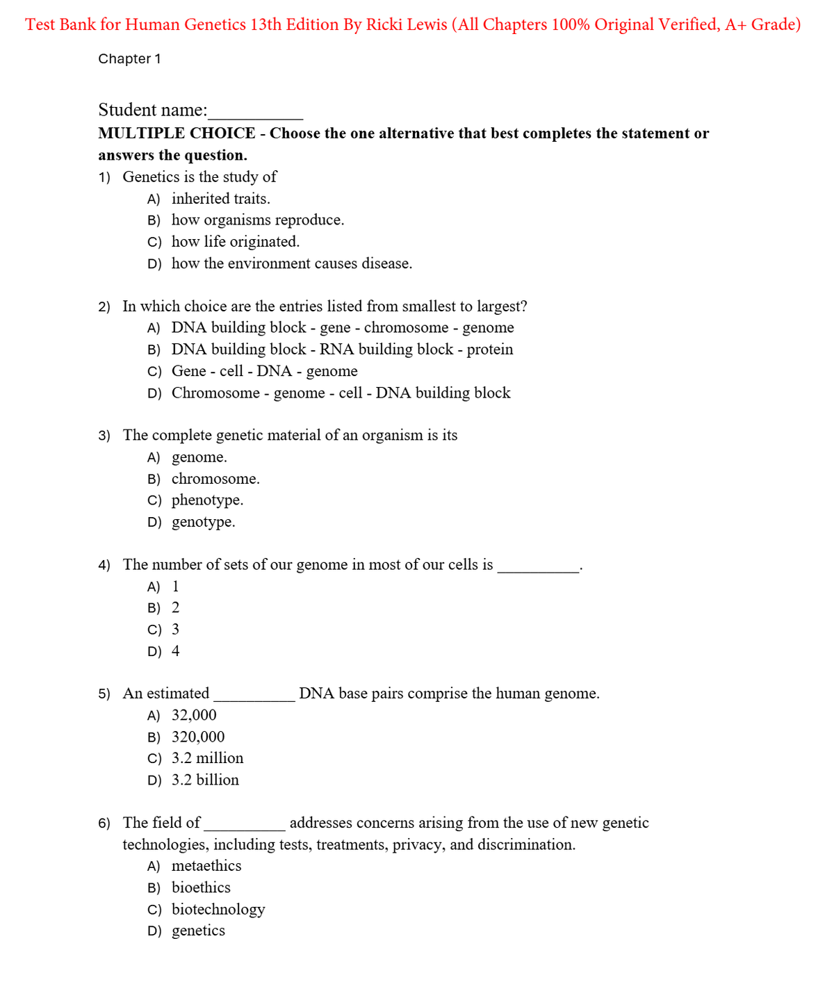 Test Bank for Human Genetics 13th Edition By Ricki Lewis (All Chapters 100% Original Verified, A+ Grade)