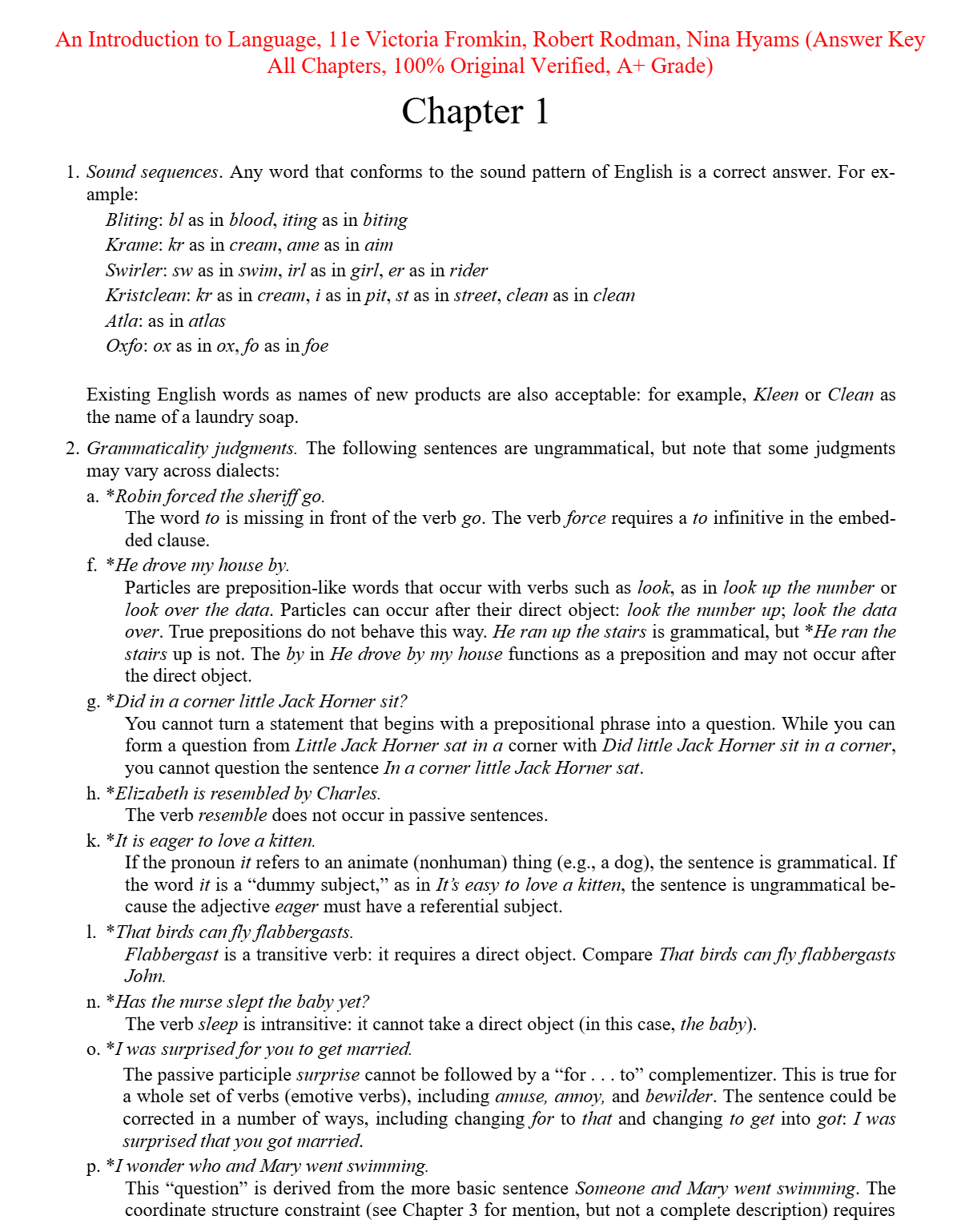 Answer key for An Introduction to Language 11th Edition By Victoria Fromkin, Robert Rodman, Nina Hyams (All Chapters 100% Original Verified, A+ Grade)