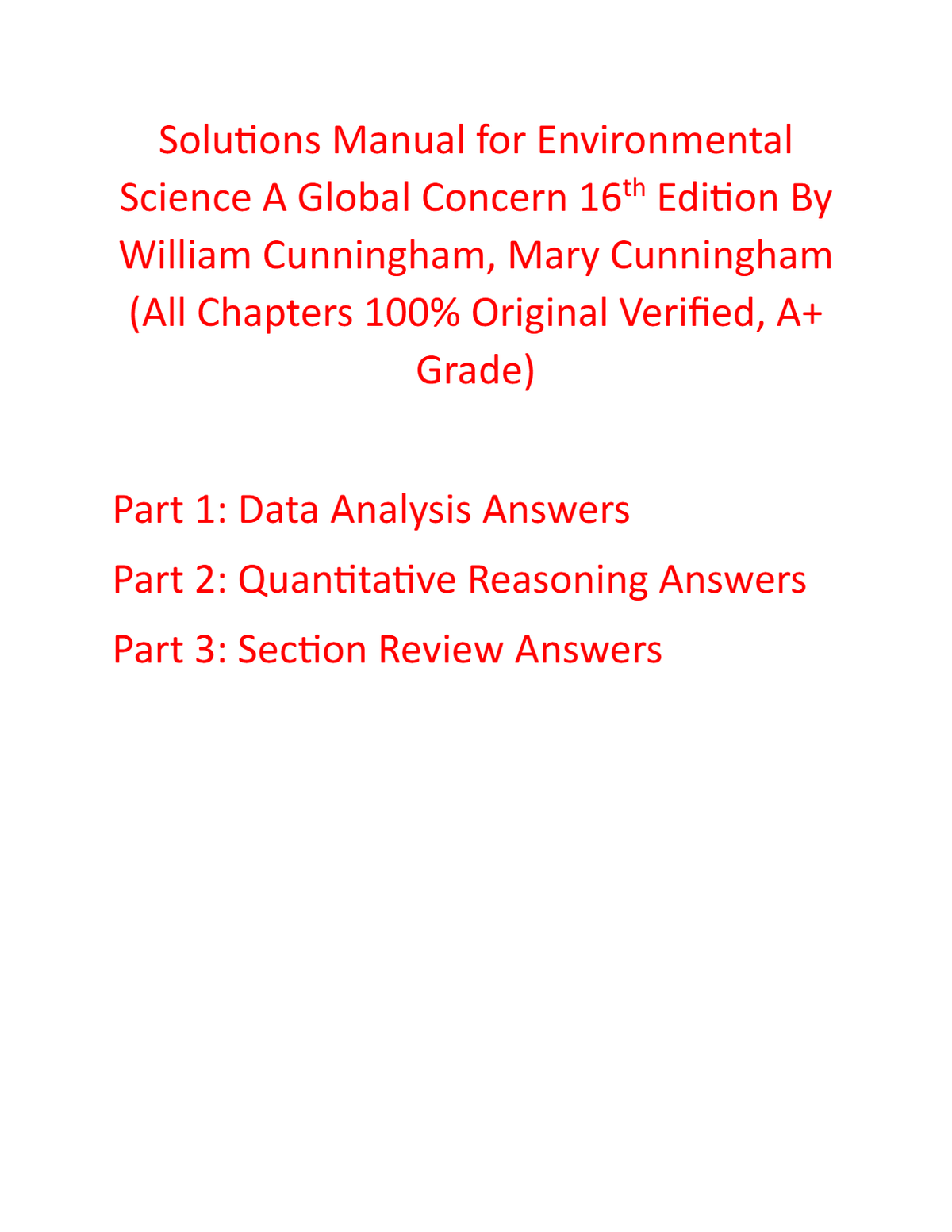 Solutions Manual For Environmental Science A Global Concern 16th Edition By William Cunningham, Mary Cunningham | All Chapters, 100% Original Verified