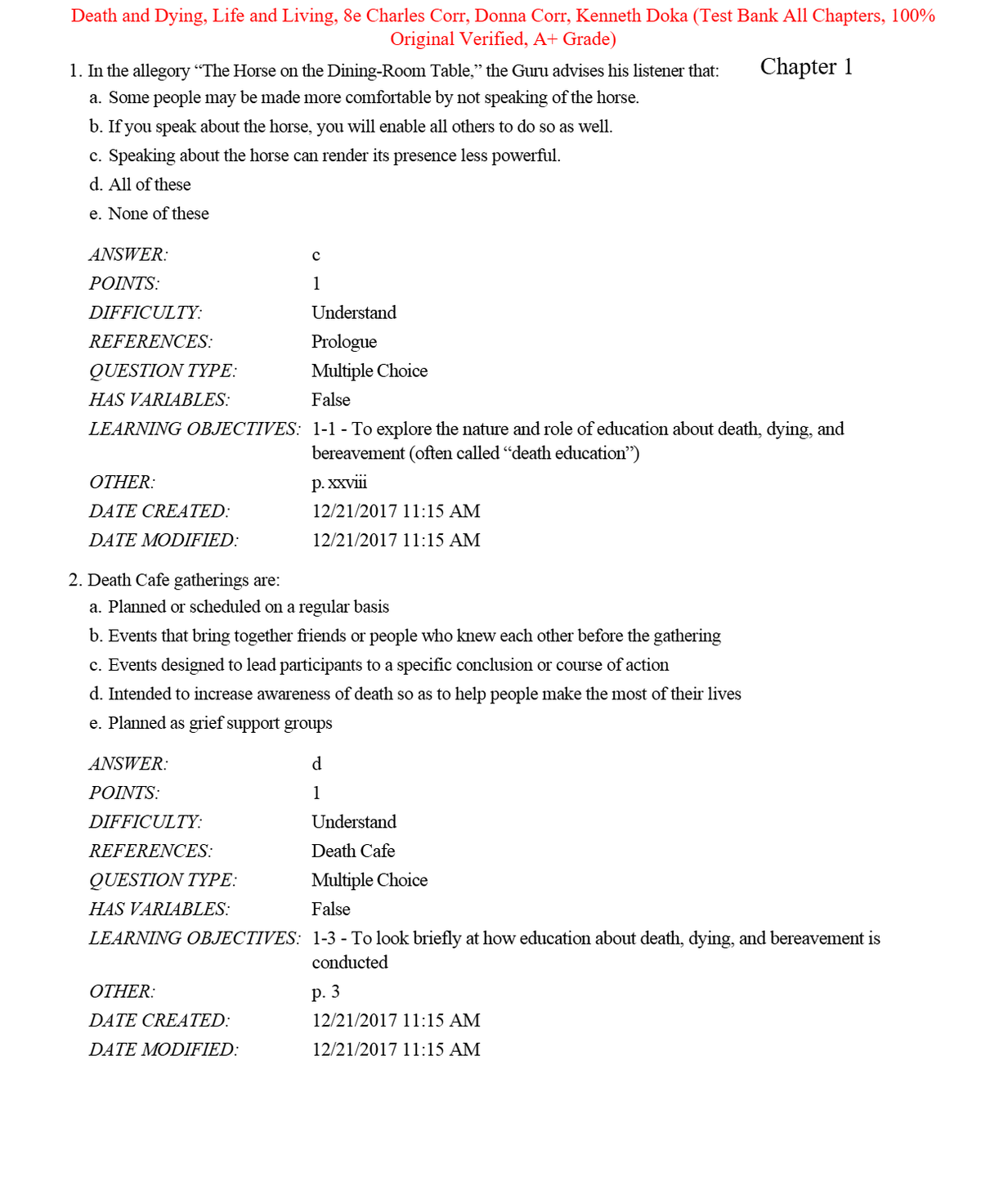 Test Bank for Death and Dying, Life and Living, 8th Edition by Charles Corr, Donna Corr, Kenneth Doka (All Chapters, 100% Original Verified, A+ Grade)