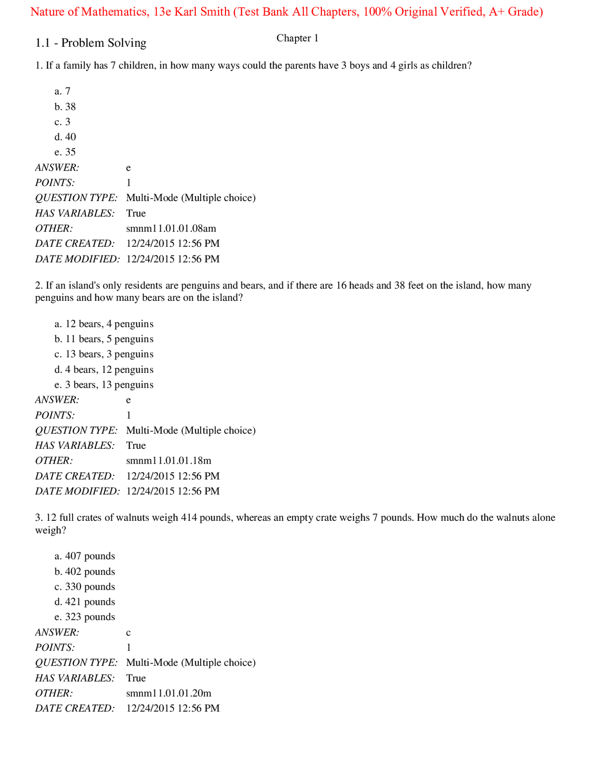 Test Bank for Nature of Mathematics 13th Edition By Karl Smith (All Chapters, 100% Original Verified, A+ Grade)