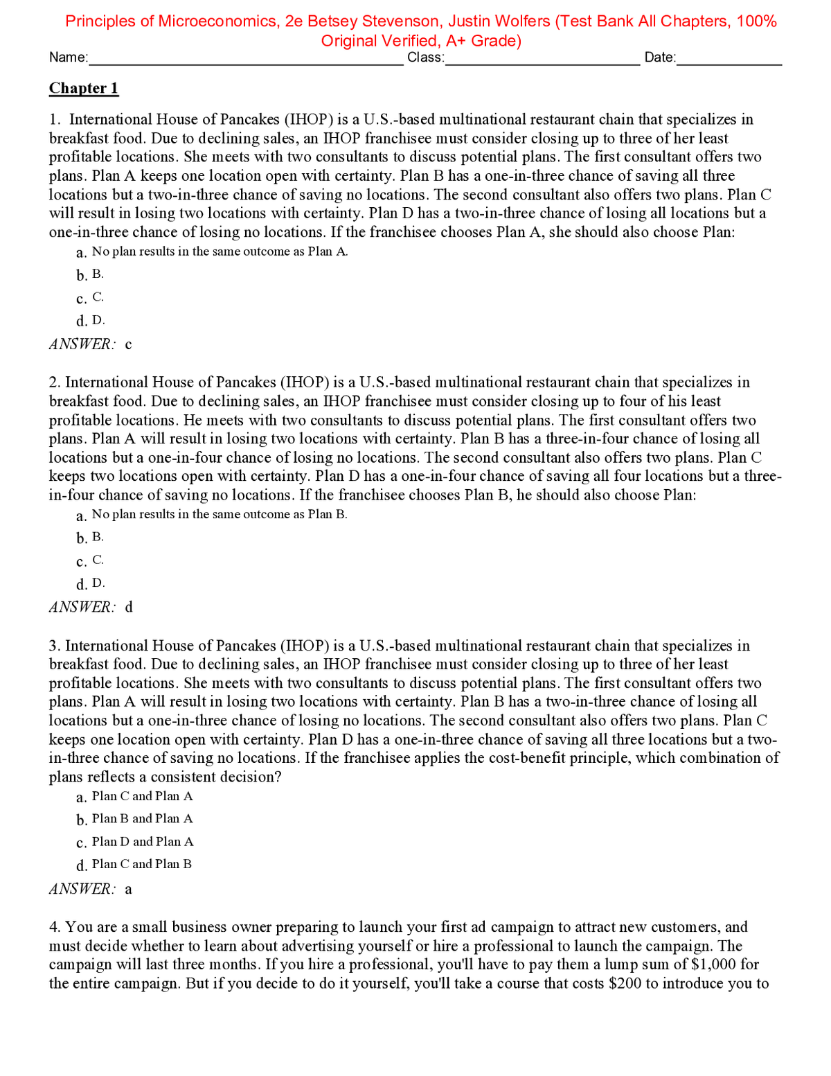 Test Bank for Principles of Microeconomics 2th Edition By Betsey Stevenson, Justin Wolfers (Macmillan, 2023) (All Chapters, 100% Original Verified, A+ Grade)