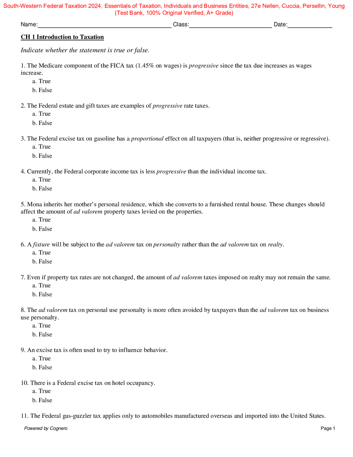 Test Bank for South-Western Federal Taxation 2024, Essentials of Taxation, Individuals and Business Entities 27th Edition By Nellen, Cuccia, Persellin, Young (All Chapters, 100% Original Verified, A+ Grade)