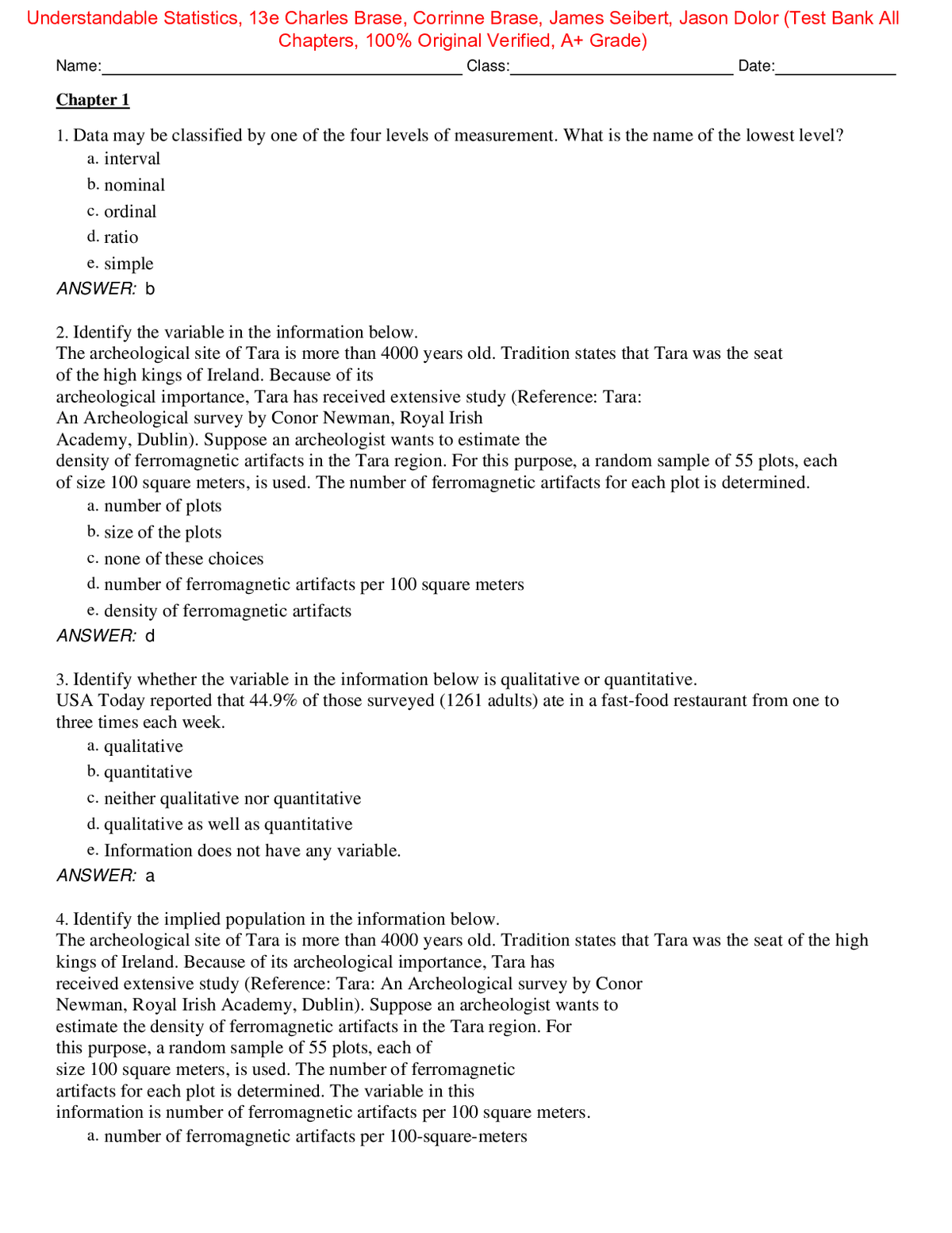 Test Bank for Understandable Statistics 13th Edition By Charles Brase, Corrinne Brase, James Seibert, Jason Dolor (All Chapters, 100% Original Verified, A+ Grade)