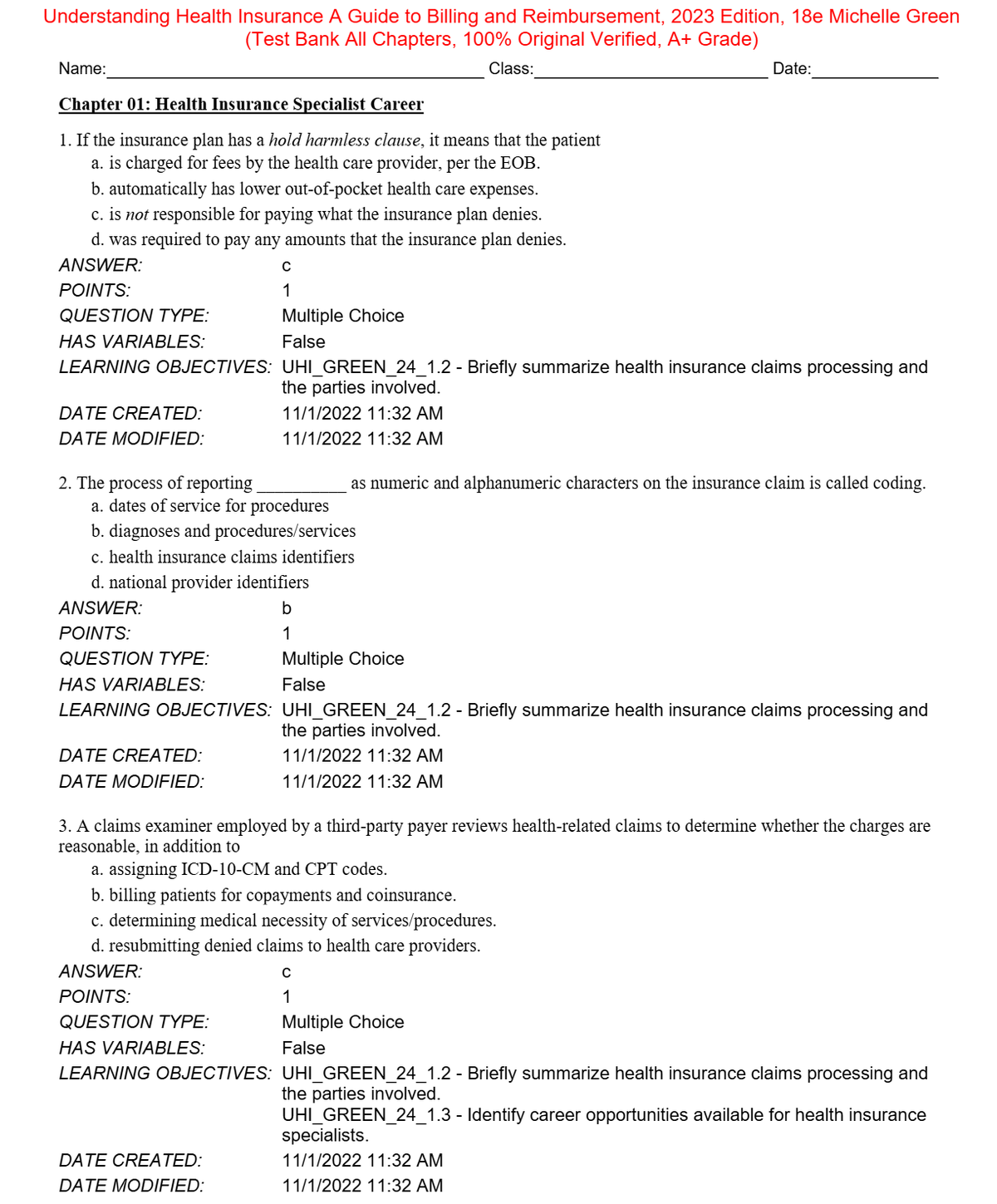 Test Bank for Understanding Health Insurance A Guide to Billing and Reimbursement (2023 Edition) 18th Edition By Michelle Green (All Chapters, 100% Original Verified, A+ Grade)