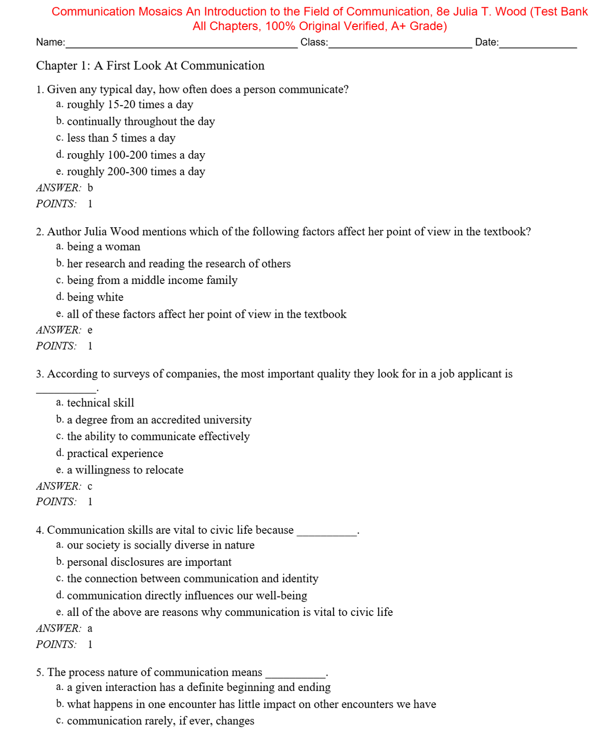 Test Bank for Communication Mosaics An Introduction to the Field of Communication 8th Edition By Julia T. Wood (All Chapters 100% Original Verified, A+ Grade)